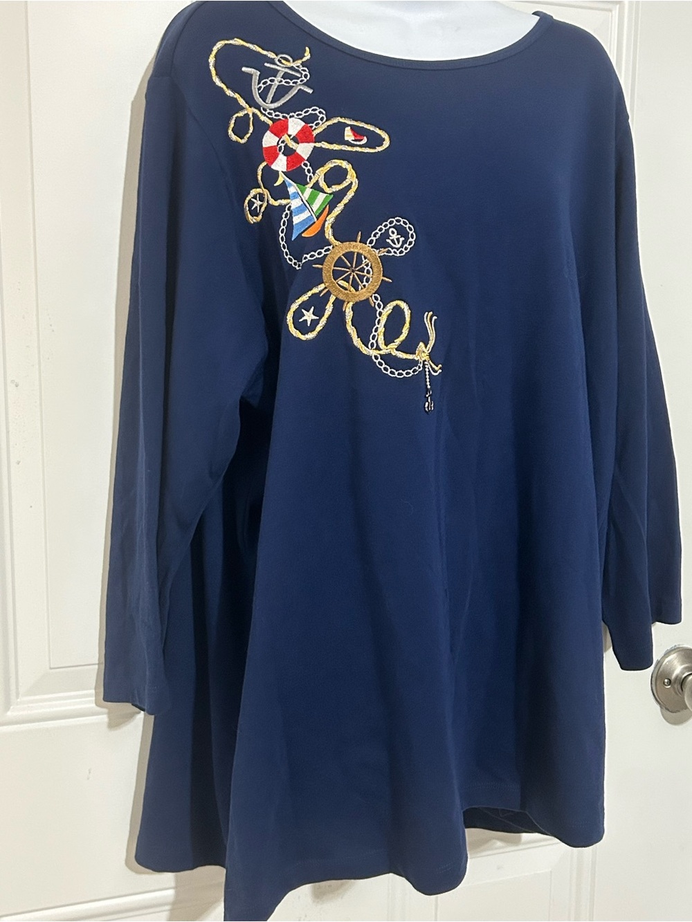 Quacker Factory Navy Long-Sleeve Tee with Nautical Embroidery